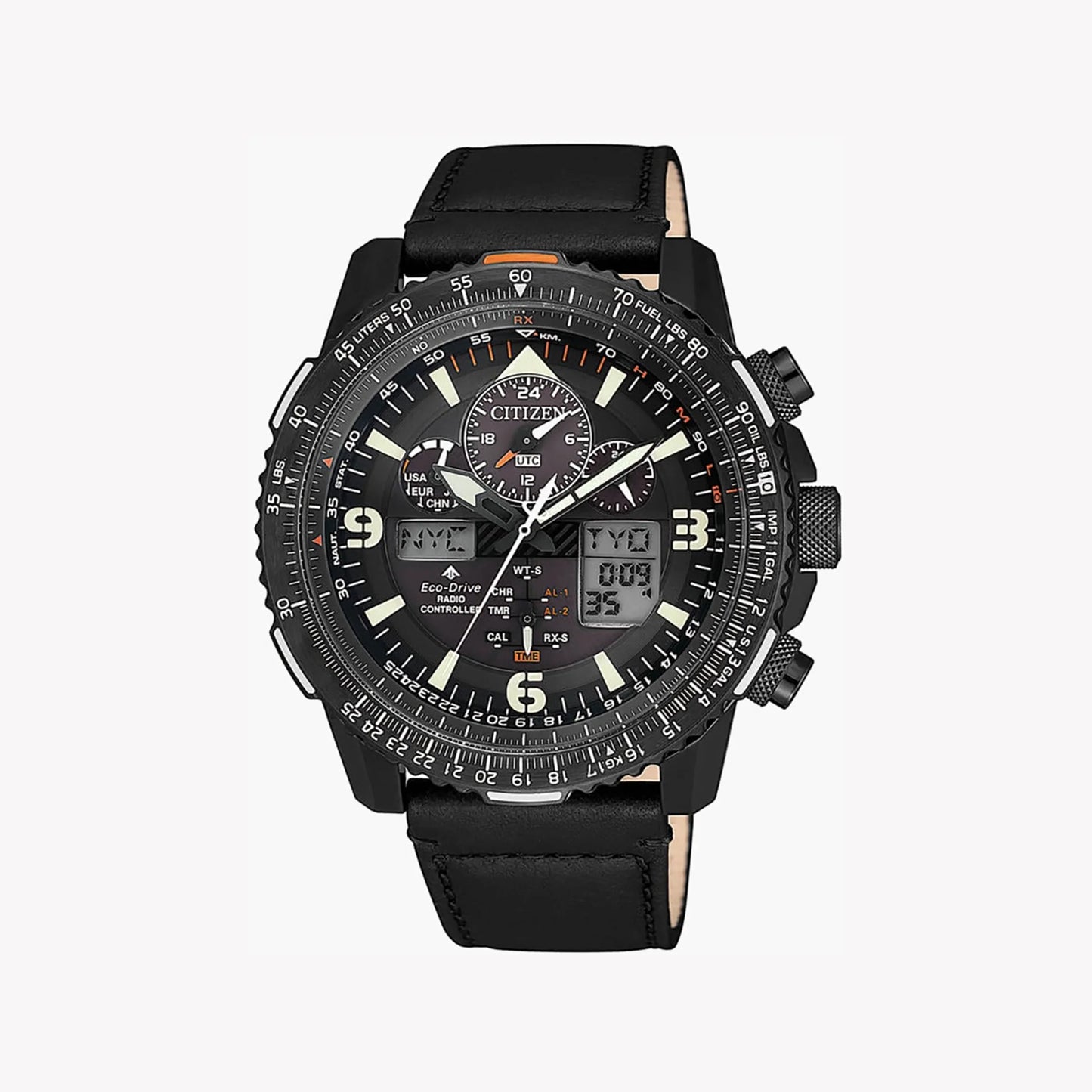 Citizen Eco-Drive Analog-Digital Black Dial Men’s Watch JY8085-14H – 45mm Stainless Steel Case, Black Leather Strap, Perpetual Calendar, World Time, Chronograph, 200M Water Resistance | Luxero Exclusive