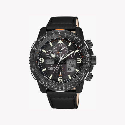 Citizen Eco-Drive Analog-Digital Black Dial Men’s Watch JY8085-14H – 45mm Stainless Steel Case, Black Leather Strap, Perpetual Calendar, World Time, Chronograph, 200M Water Resistance | Luxero Exclusive