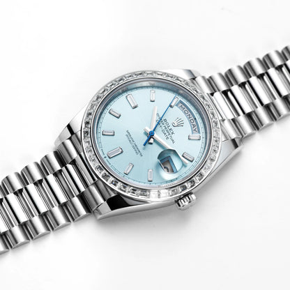 Rolex Day-Date 40 Ice Blue Dial Diamond Bezel Platinum President Watch 228396TBR
