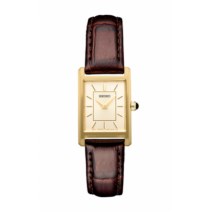Seiko Essentials SWR066 – Women's Gold-Tone Rectangular Dress Watch with Light Champagne Dial & Brown Leather Strap