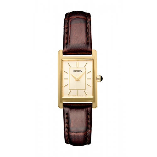 Seiko Essentials SWR066 – Women's Gold-Tone Rectangular Dress Watch with Light Champagne Dial & Brown Leather Strap