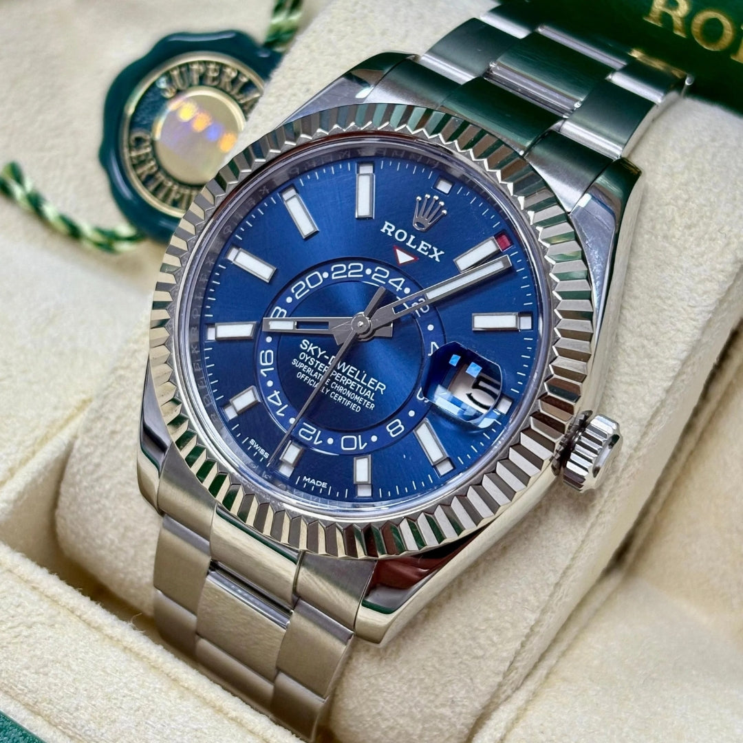 Rolex Sky-Dweller 42mm Black Dial White Gold Fluted Bezel Watch 326934BKSO