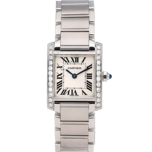 Cartier watch with a white face and diamond accents on a white background