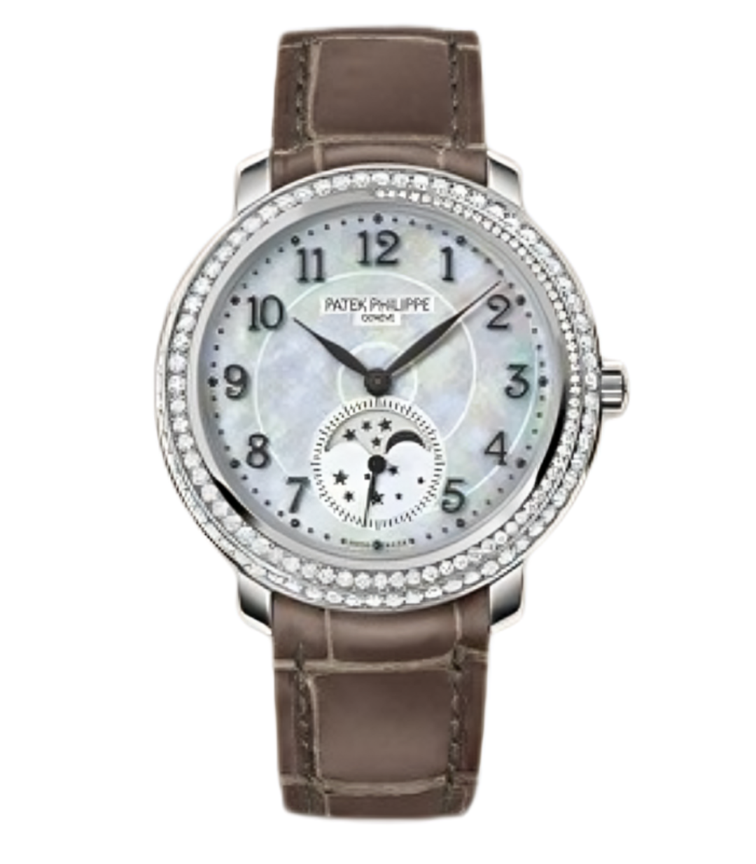 Patek Philippe Complications Moon Phase Mother of Pearl Diamond 18kt White Gold Ladies Watch 4968G-010 | Luxero
