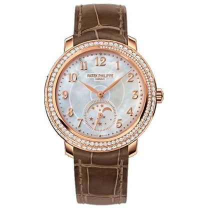 Luxury watch with brown leather strap and rose gold case on white background