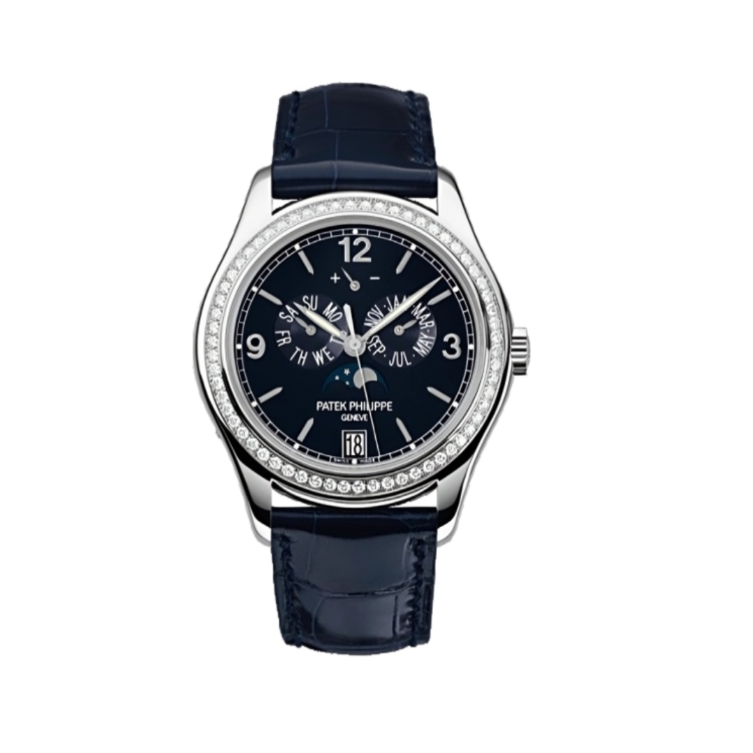 Patek Philippe watch with black face and blue strap on a white background