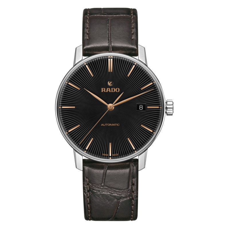 Rado R22860165 – Men's Coupole Classic Automatic Watch, 37mm Stainless Steel Case, Black Dial with Rose Gold-Tone Hands, Leather Strap, Sapphire Crystal, 50M WR