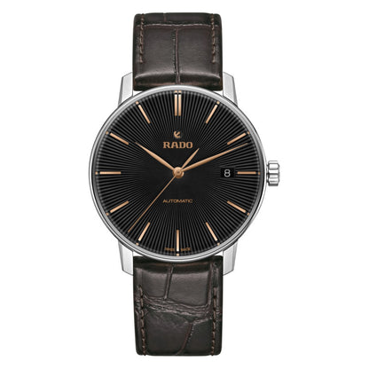 Rado R22860165 – Men's Coupole Classic Automatic Watch, 37mm Stainless Steel Case, Black Dial with Rose Gold-Tone Hands, Leather Strap, Sapphire Crystal, 50M WR