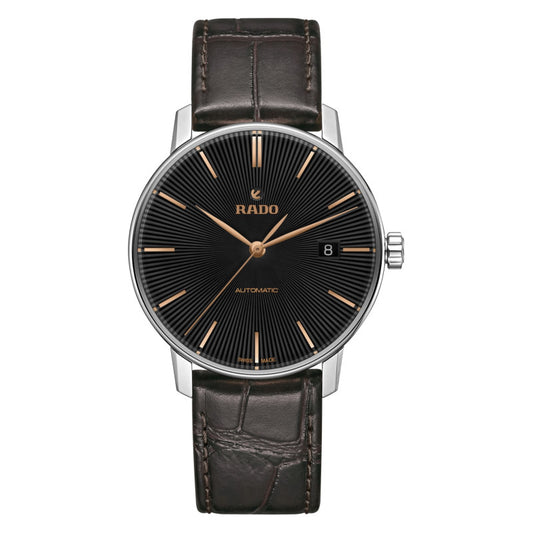 Rado R22860165 – Men's Coupole Classic Automatic Watch, 37mm Stainless Steel Case, Black Dial with Rose Gold-Tone Hands, Leather Strap, Sapphire Crystal, 50M WR
