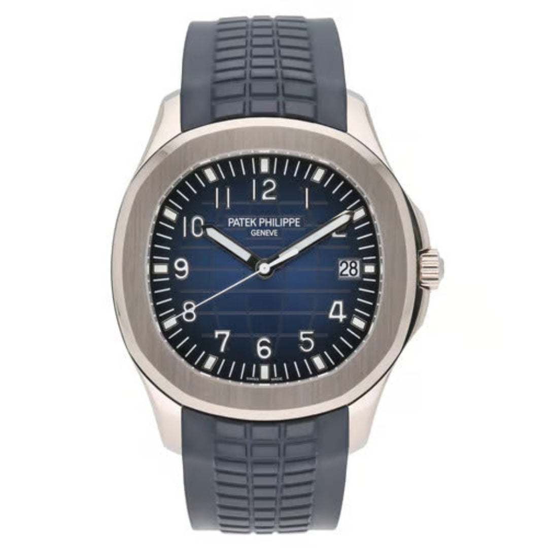 Patek Philippe watch with blue rubber strap on a white background