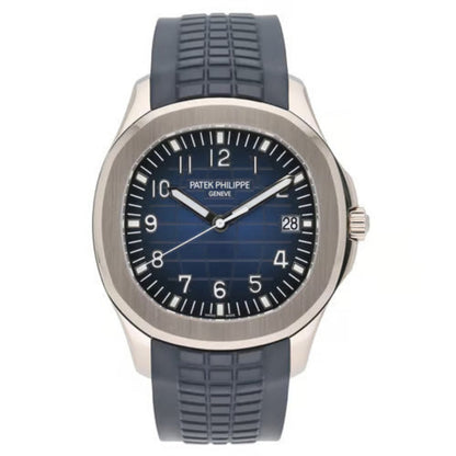 Patek Philippe watch with blue rubber strap on a white background