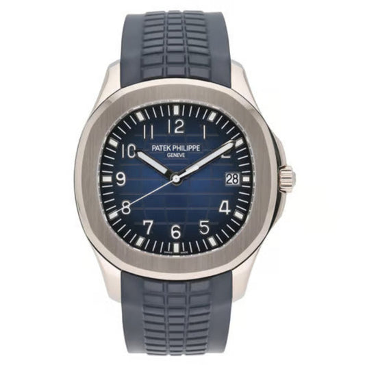 Patek Philippe watch with blue rubber strap on a white background
