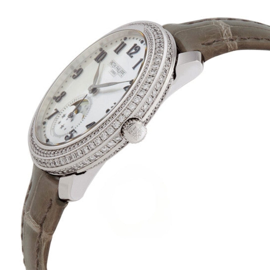 Luxury watch with brown leather strap and silver case on a white background