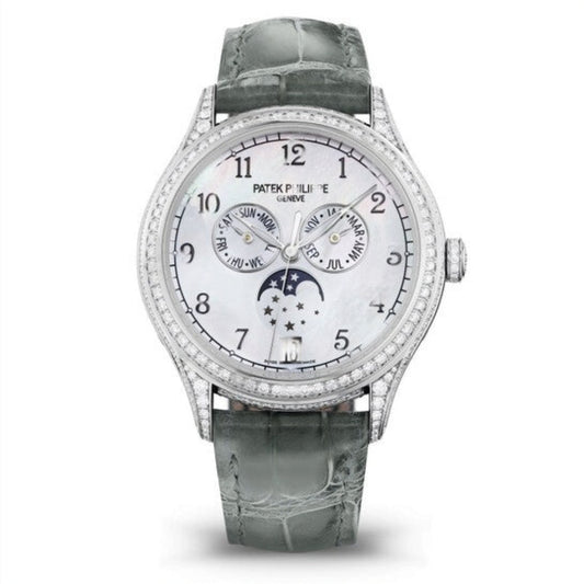 Luxury watch with detailed face and gray strap on a white background
