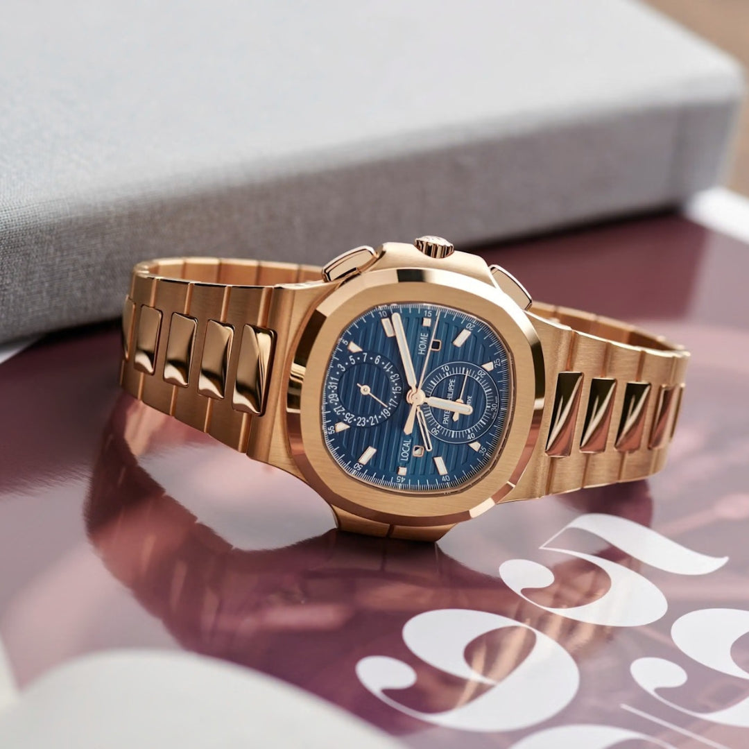 Patek Philippe Nautilus 40mm Blue Dial 18kt Rose Gold Dual Time Chronograph Watch 5990-1R-001