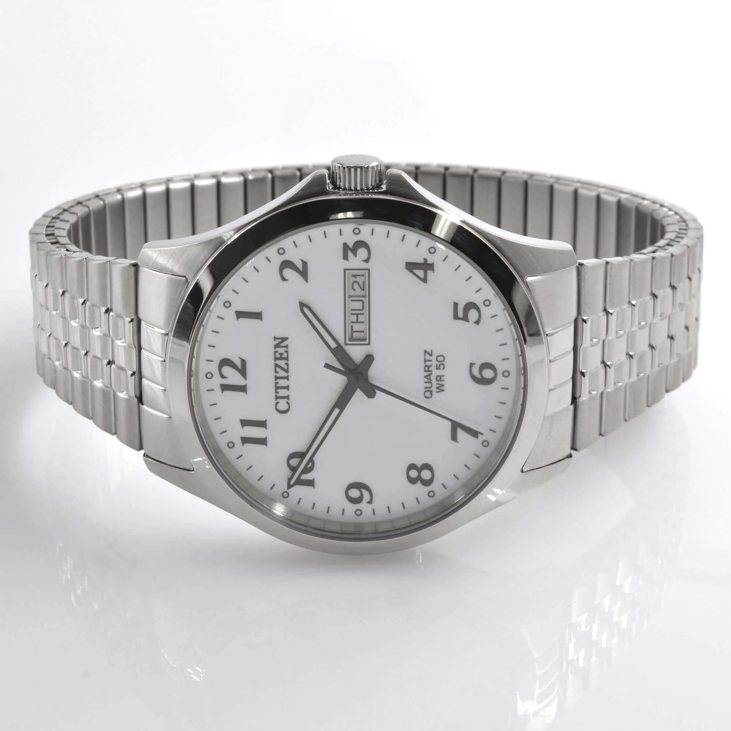 Citizen Quartz BF5000-94A – Men's Dress Watch, 37mm Stainless Steel Case & Bracelet, White Dial, Day-Date Display, 50M Water Resistant