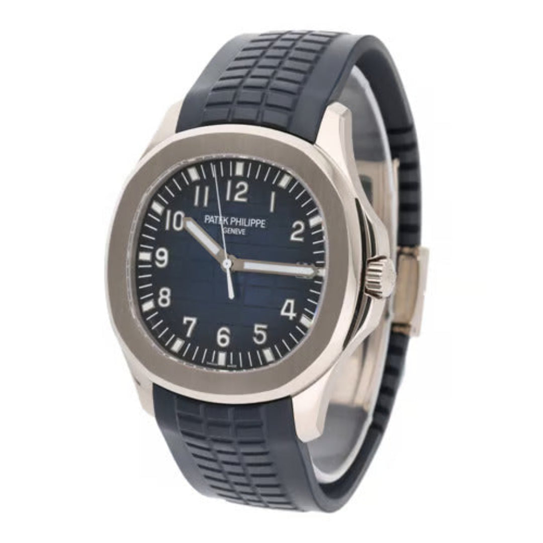 Watch with blue strap and black dial on a white background