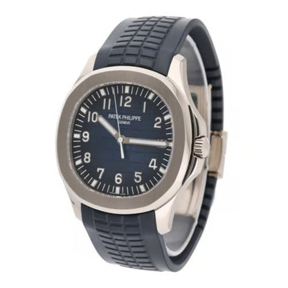 Watch with blue strap and black dial on a white background