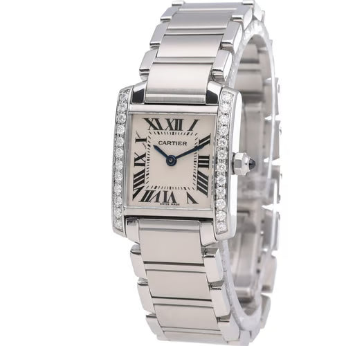 Silver Cartier watch with diamond accents on a white background