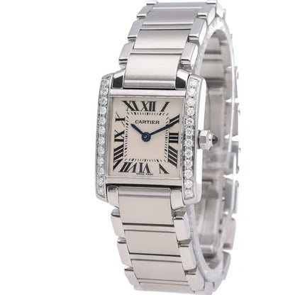 Silver Cartier watch with diamond accents on a white background