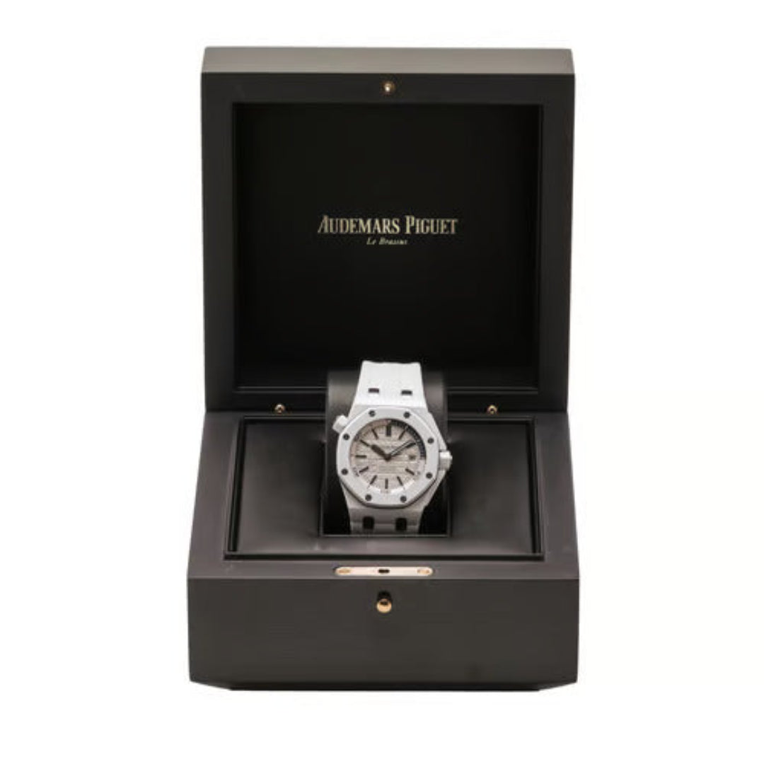 Audemars Piguet watch in a black display box on a white background