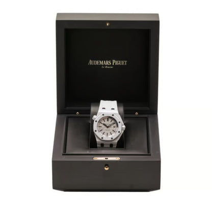 Audemars Piguet watch in a black display box on a white background