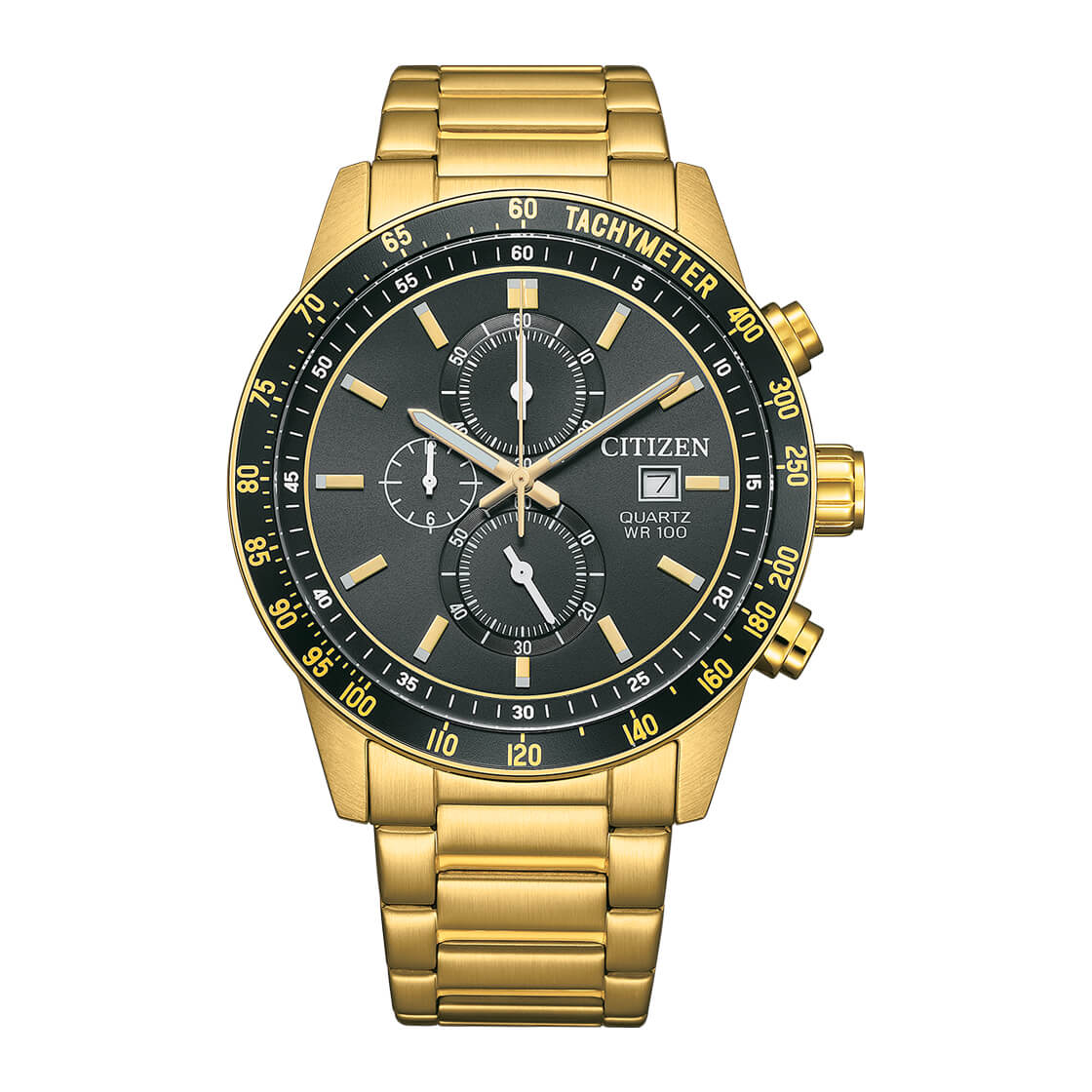 Citizen Quartz AN3682-54E Chronograph Men’s Watch – 44mm Black Dial, Gold-Tone Bracelet, 100M Water Resistant