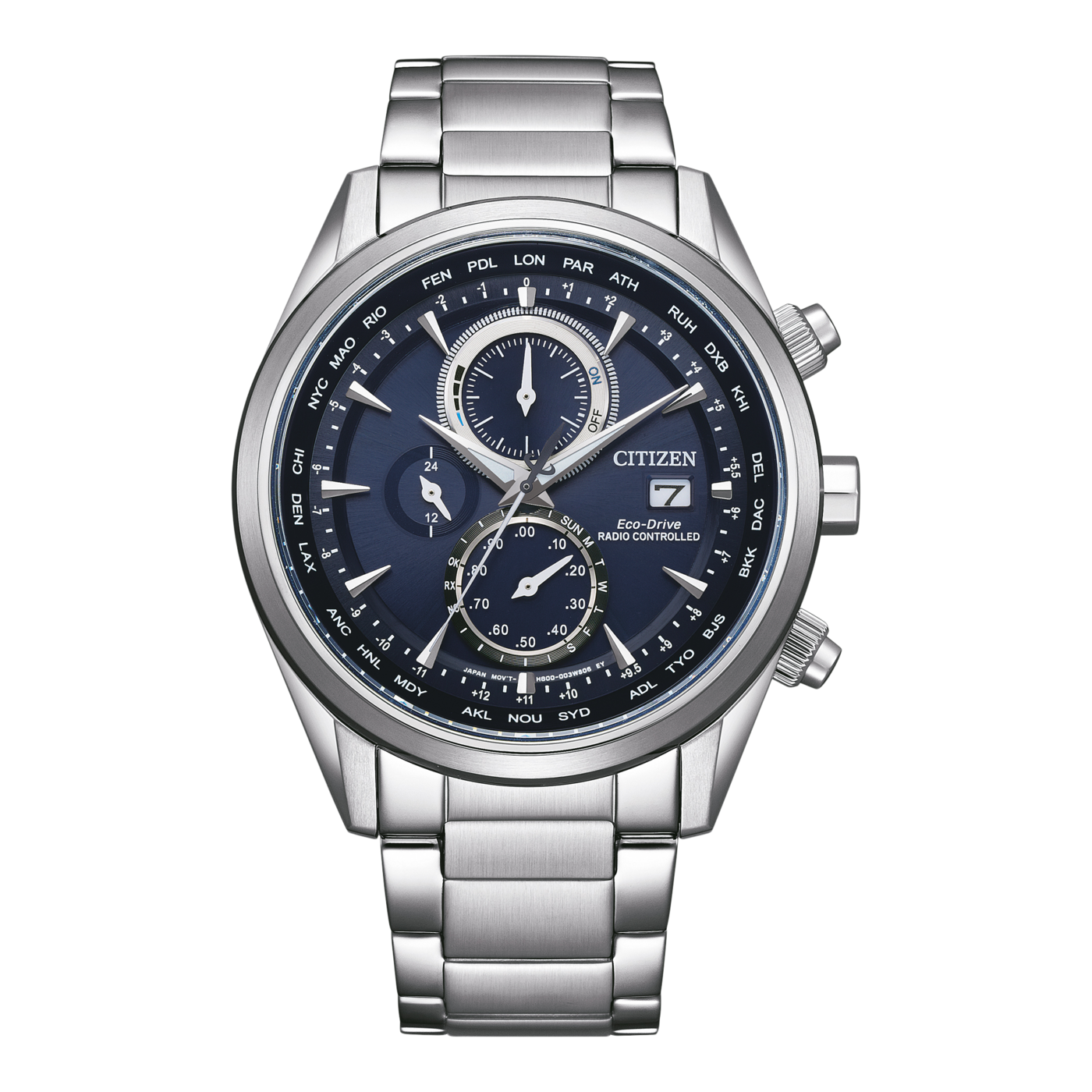 Citizen Eco-Drive AT8260-85L – Men's Atomic Timekeeping Chronograph with Blue Dial & Stainless Steel Bracelet