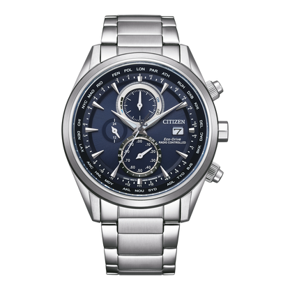 Citizen Eco-Drive AT8260-85L – Men's Atomic Timekeeping Chronograph with Blue Dial & Stainless Steel Bracelet