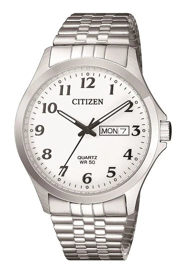 Citizen Quartz BF5000-94A – Men's Dress Watch, 37mm Stainless Steel Case & Bracelet, White Dial, Day-Date Display, 50M Water Resistant
