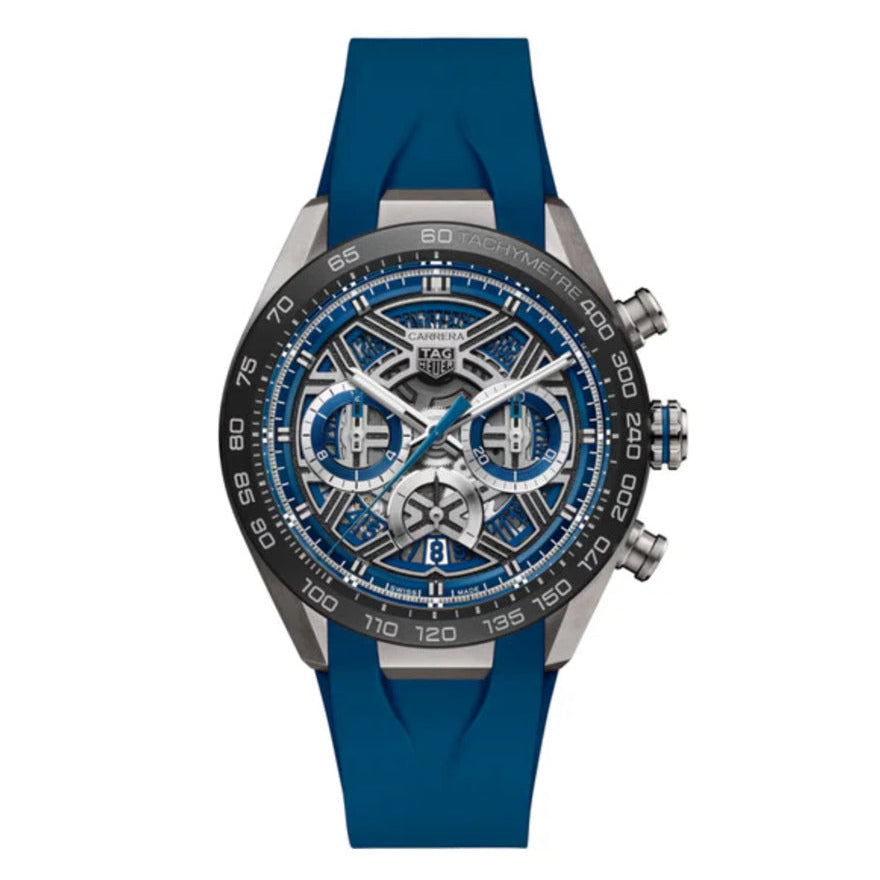 Blue watch with a detailed face on a white background