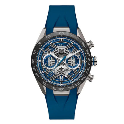 Blue watch with a detailed face on a white background