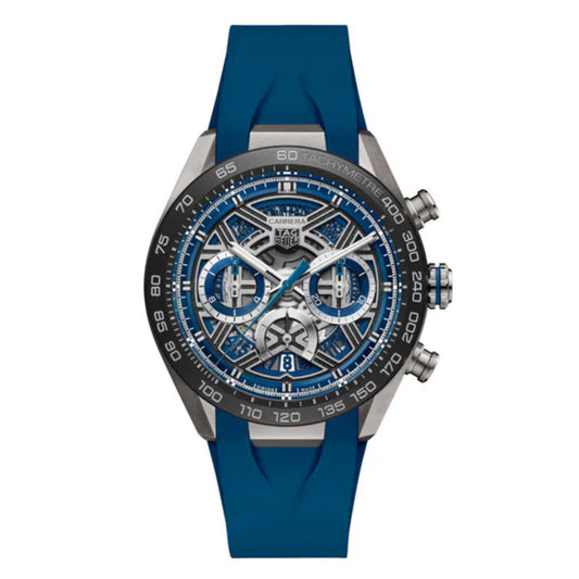 Blue watch with a detailed face on a white background