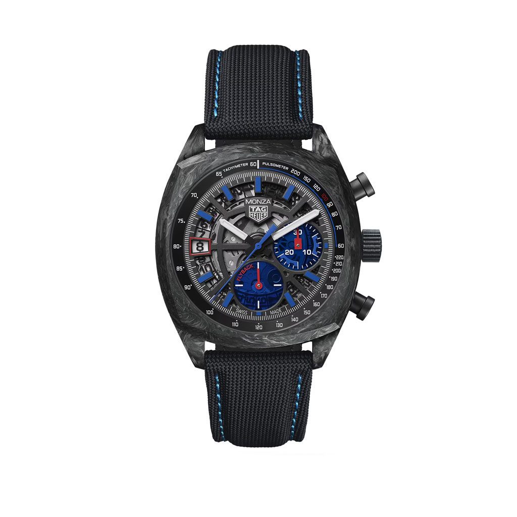 Luxury watch with black strap and blue accents on a white background