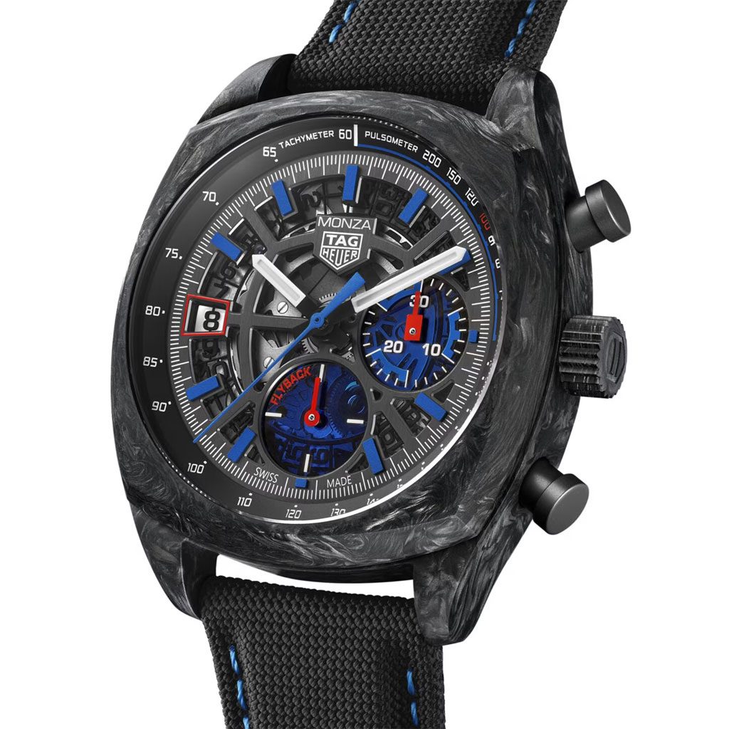 Luxury watch with black strap and detailed face on a white background