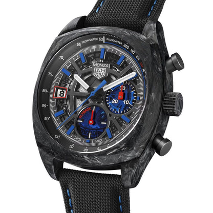 Luxury watch with black strap and detailed face on a white background