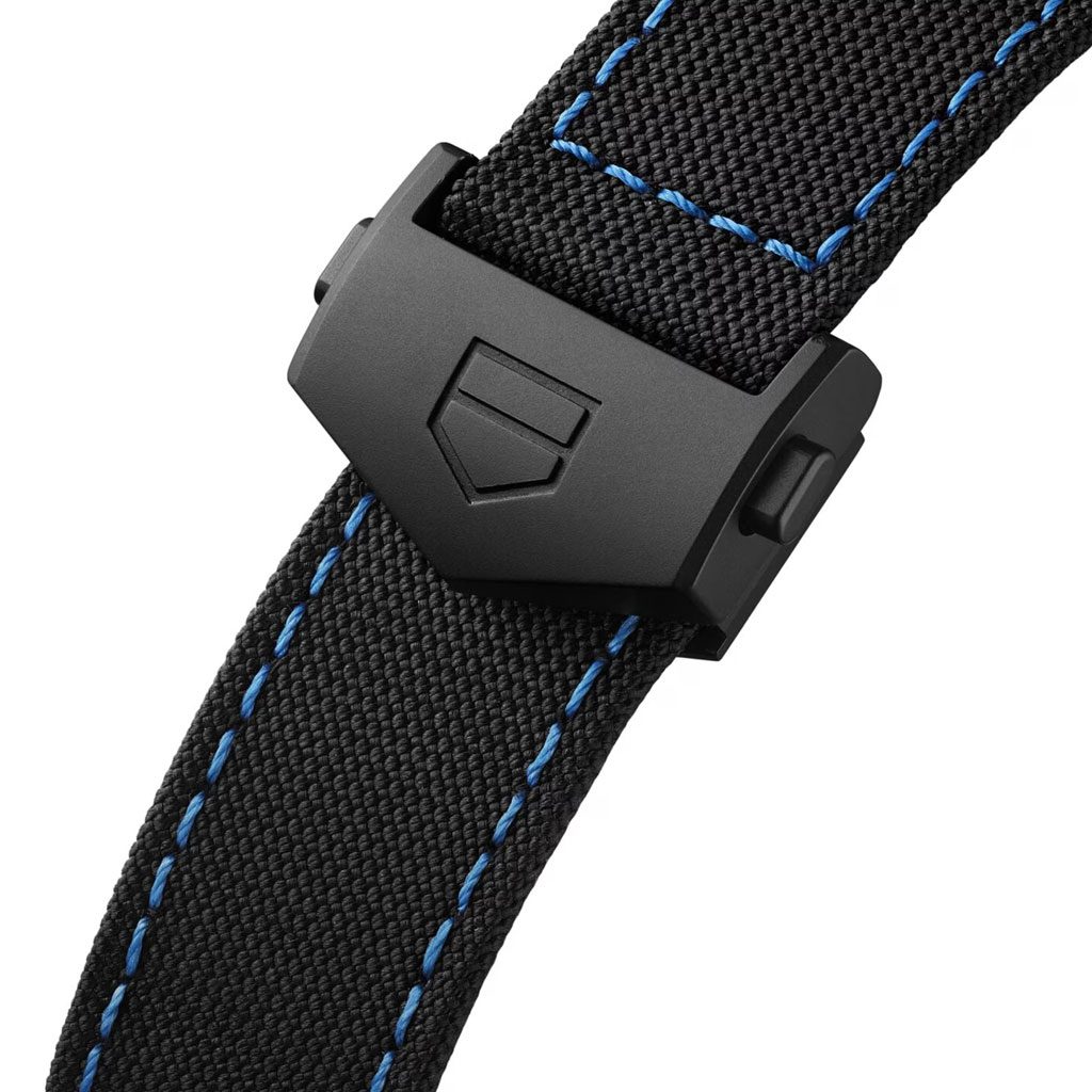 Black watch strap with blue stitching on a white background