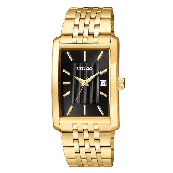 Citizen BH1673-50E Rectangular Black Dial Quartz Men’s Watch – Gold-Tone Stainless Steel Case & Bracelet, Date Display, Scratch-Resistant Crystal, 30M Water Resistance