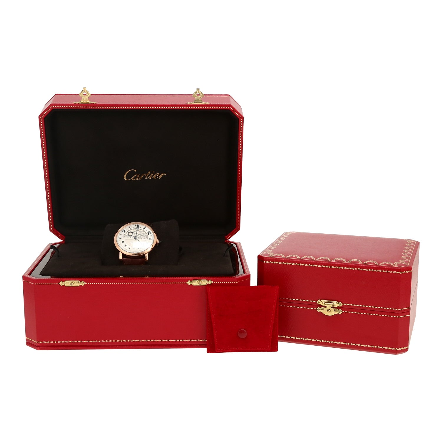 Cartier watch in a red jewelry box on a white background