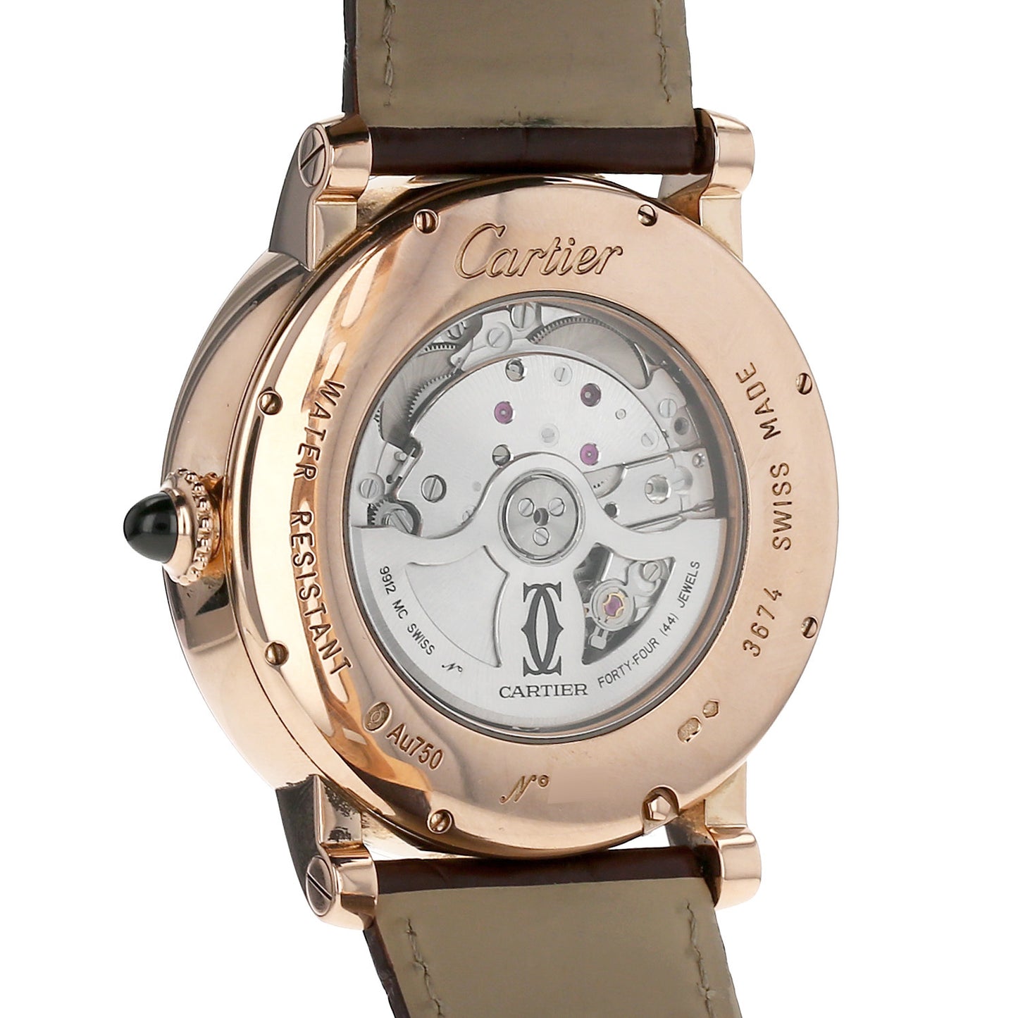 Cartier watch with rose gold case and leather strap on a white background