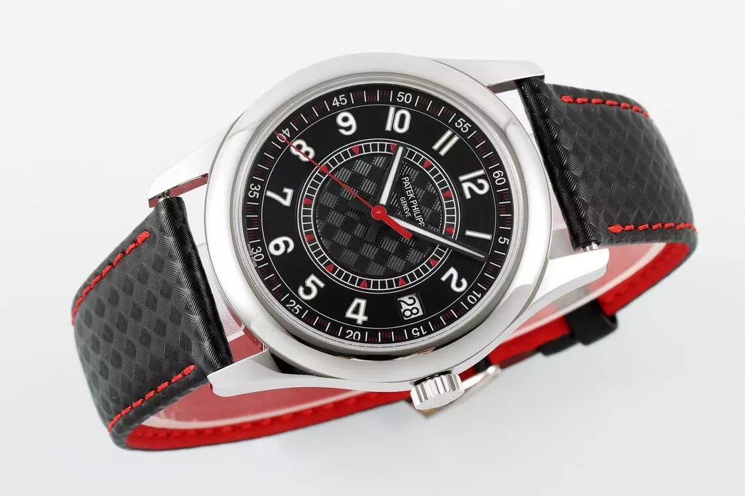 Wristwatch with black face and red accents on a white background