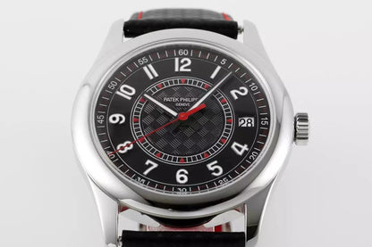 Patek Philippe watch with black dial and red accents on a white background