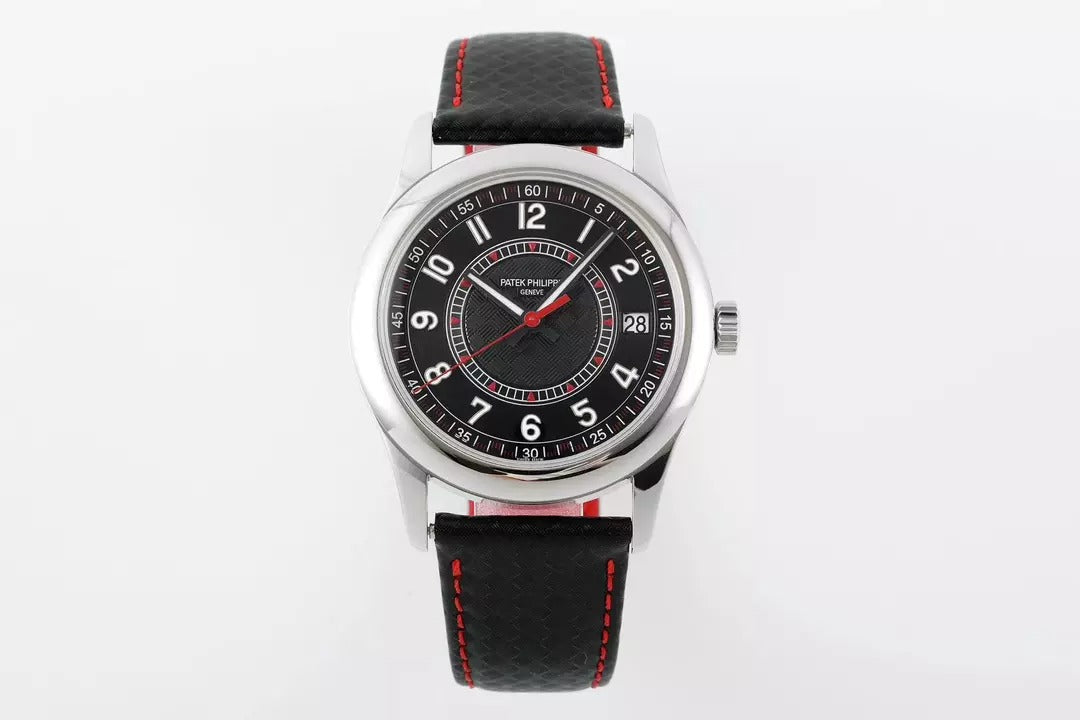 Watch with black leather strap and silver case on a white background