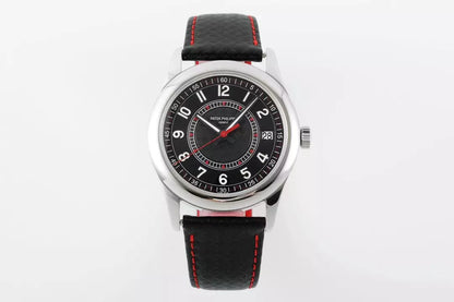 Watch with black leather strap and silver case on a white background