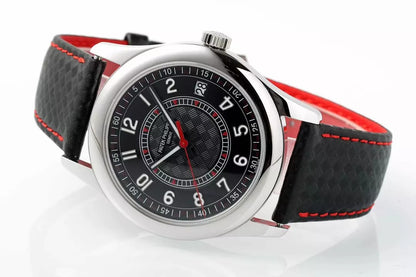 Wristwatch with black dial and red accents on a white background