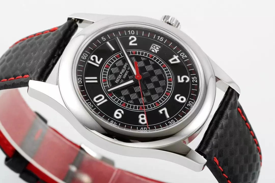 Watch with black face and red accents on a white background