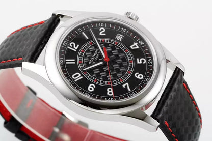 Watch with black face and red accents on a white background