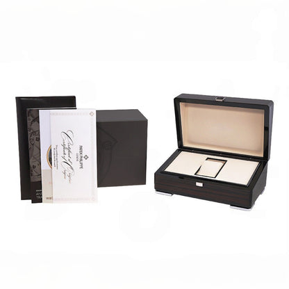 Black jewelry box with a mirror and branded card on a white background