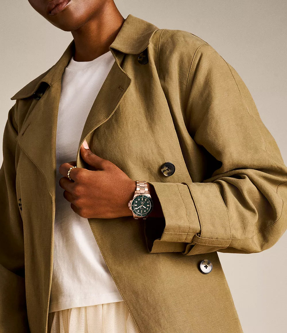 Fossil Blue Dive ES5371 – Women’s Quartz Watch, Green Dial, Rose Gold-Tone Stainless Steel Bracelet, 36mm, 100M Water Resistance