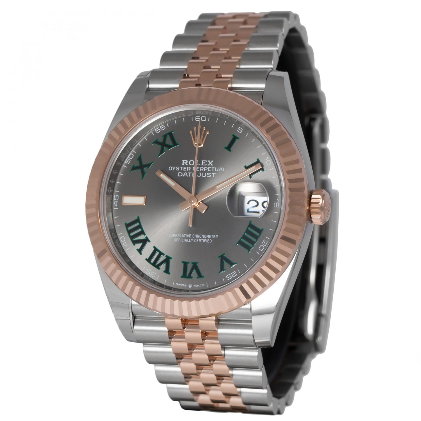 Rolex watch with silver and rose gold band on white background